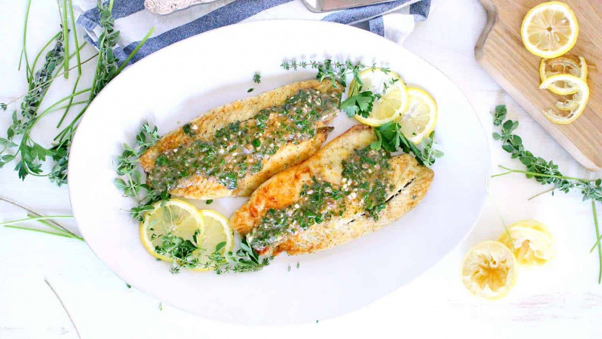 Pan Fried Sea Bass with Lemon Garlic Herbs Sauce