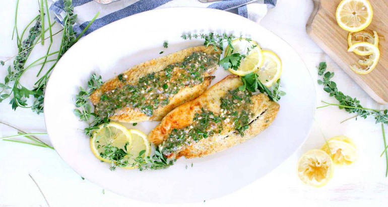 Pan Fried Sea Bass with Lemon Garlic Herbs Sauce